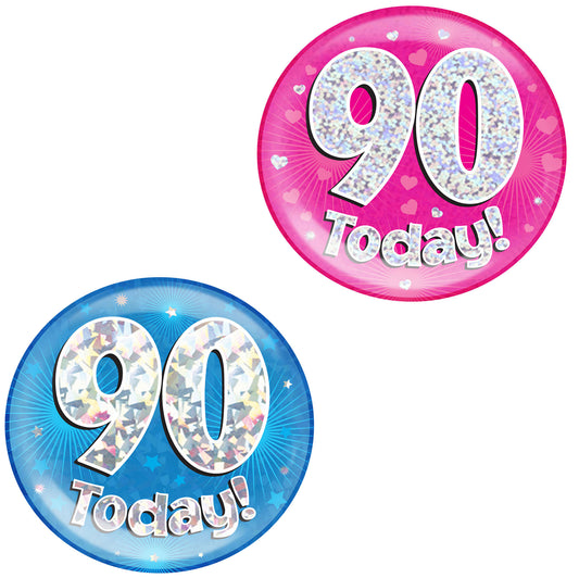 90th Birthday Badge - 6" (152mm) Bling Badge In Either Pink Or Blue - Perfect For The Birthday Girl Or Boy - Badge Says "90 Today"