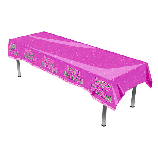 Happy Birthday Plastic Table Cover In Pink - Washable & Reusable