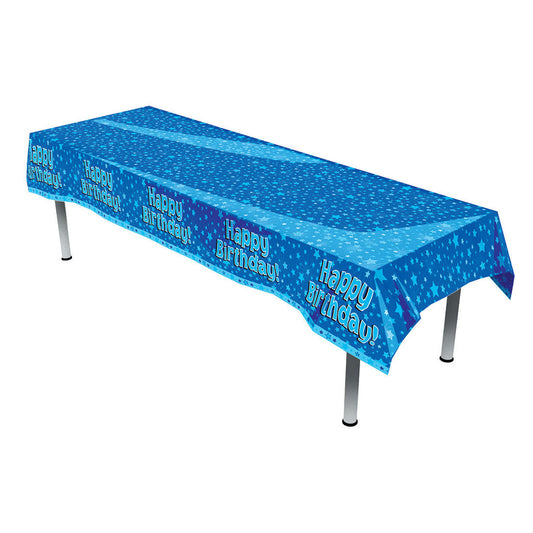 Happy Birthday Plastic Table Cover In Blue - Washable & Reusable