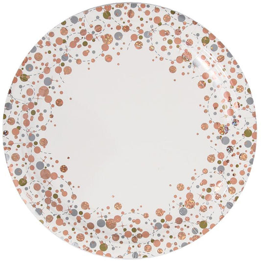 Holographic Rose Gold On White Birthday Party Plates - 23cm Diameter
