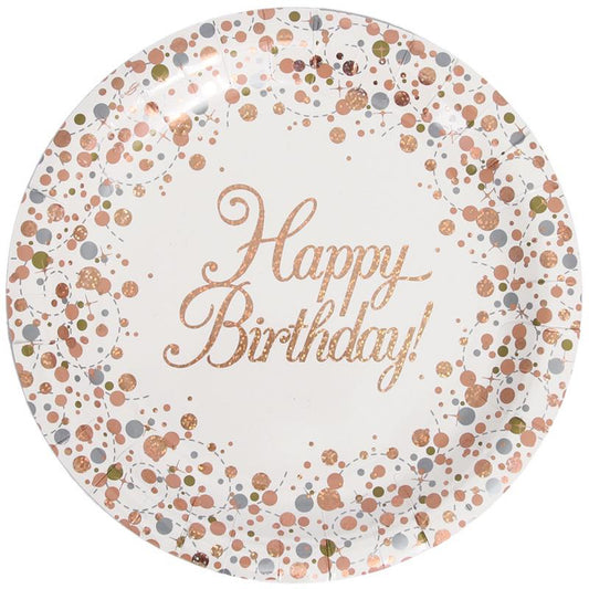 Holographic Rose Gold On White Happy Birthday Party Plates - 23cm Diameter