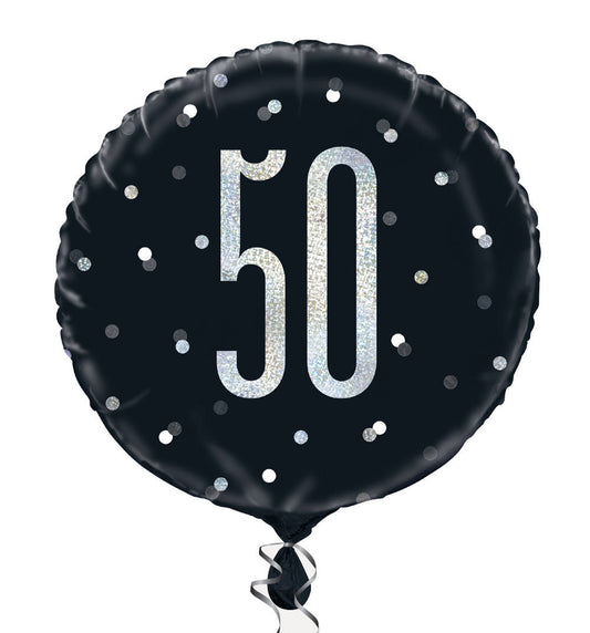 A Black & Silver Sparkle 18" Round Foil Balloon For A 50th Birthday