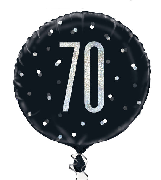 A Black & Silver Sparkle 18" Round Foil Balloon For A 70th Birthday