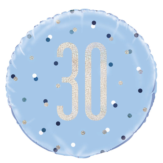 A Blue & Silver Sparkle 18" Round Foil Balloon For A 30th Birthday