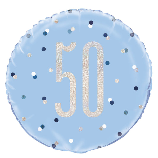 A Blue & Silver Sparkle 18" Round Foil Balloon For A 50th Birthday