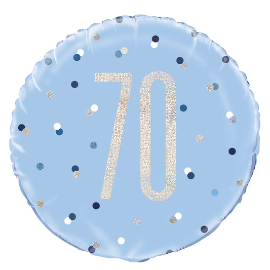 A Blue & Silver Sparkle 18" Round Foil Balloon For A 70th Birthday