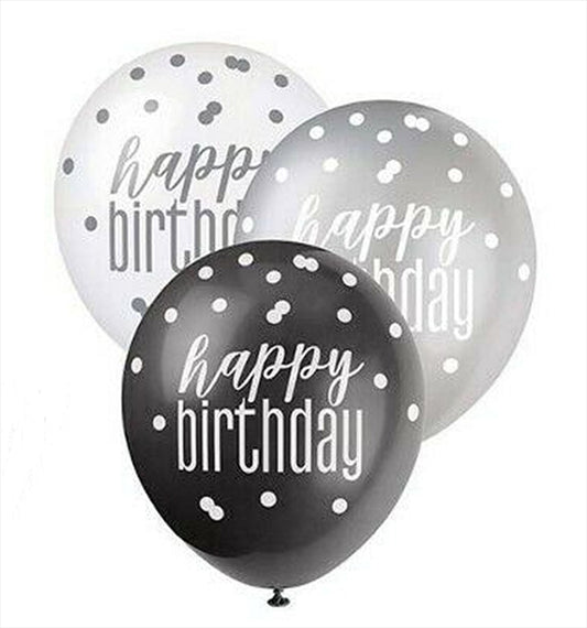 RECYCLABLE Black & Silver Happy Birthday Latex Balloons.