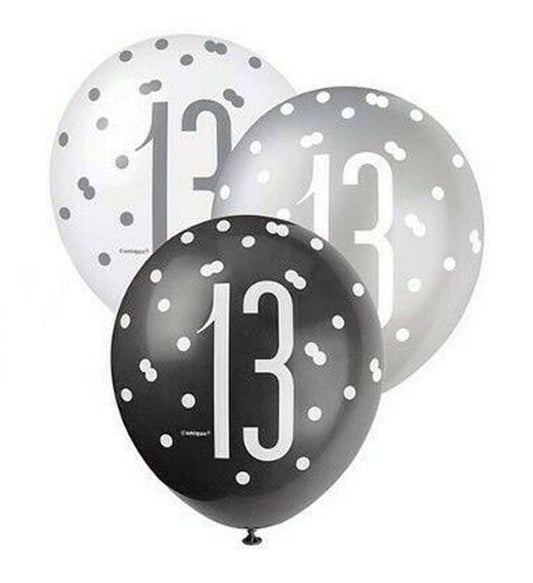 RECYCLABLE Black & Silver 13th Birthday Latex Balloons.
