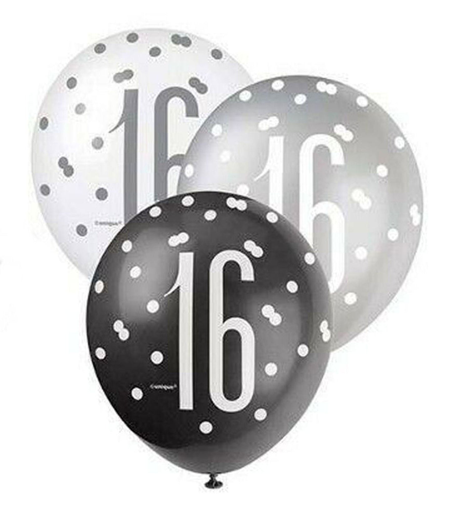 RECYCLABLE Black & Silver 16th Birthday Latex Balloons.