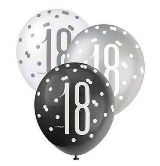 RECYCLABLE Black & Silver 18th Birthday Latex Balloons.