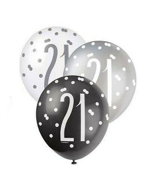 RECYCLABLE Black & Silver 21st Birthday Latex Balloons.