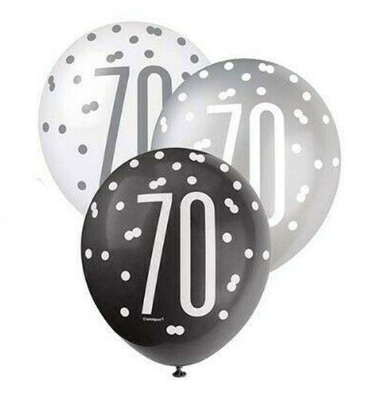 RECYCLABLE Black & Silver 70th Birthday Latex Balloons.