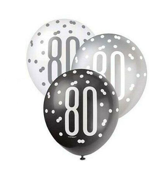 RECYCLABLE Black & Silver 80th Birthday Latex Balloons.