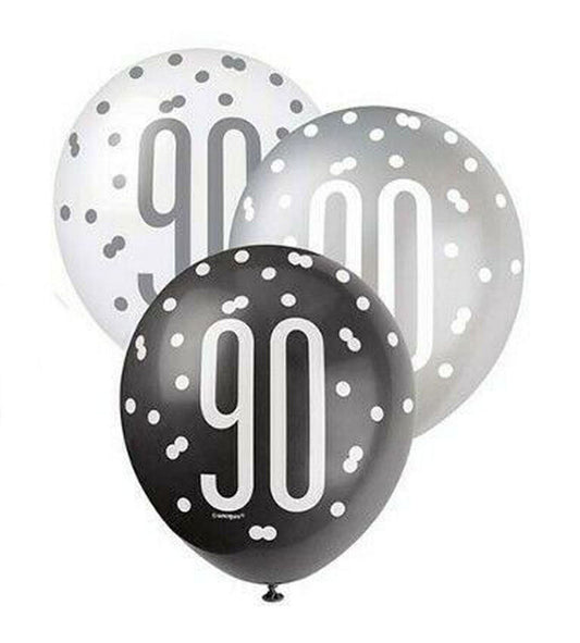 RECYCLABLE Black & Silver 90th Birthday Latex Balloons.