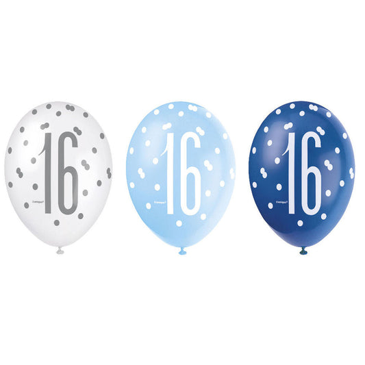 RECYCLABLE Blue & Silver 16th Birthday Latex Balloons.