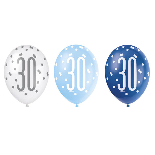 RECYCLABLE Blue & Silver 30th Birthday Latex Balloons.