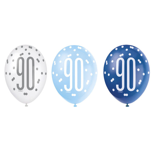 RECYCLABLE Blue & Silver 90th Birthday Latex Balloons.