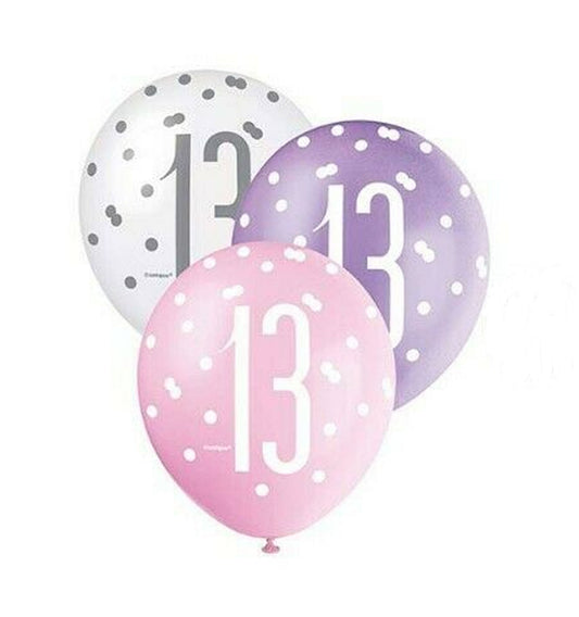 RECYCLABLE Pink & Silver 13th Birthday Latex Balloons.