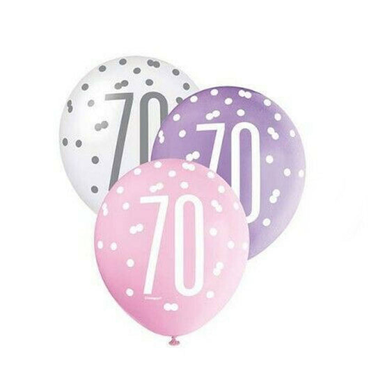 RECYCLABLE Pink & Silver 70th Birthday Latex Balloons.