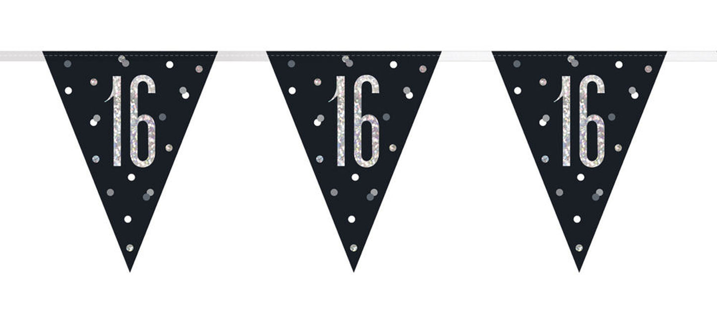 Bling Birthday Flag Bunting For A 16th Birthday In Black & Silver