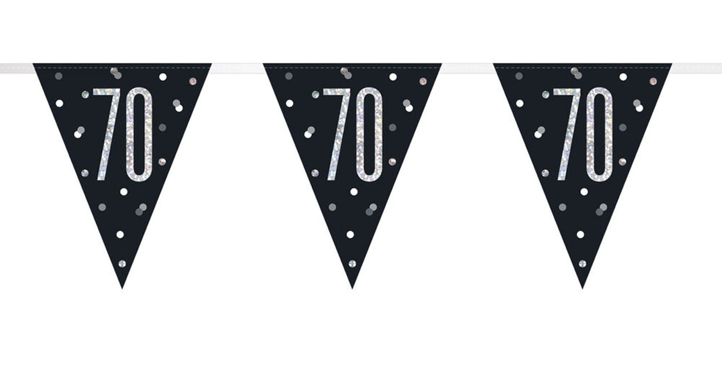 Bling Birthday Flag Bunting For A 70th Birthday In Black & Silver