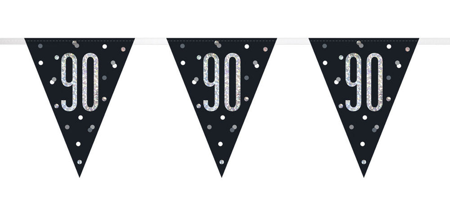 Bling Birthday Flag Bunting For A 90th Birthday In Black & Silver