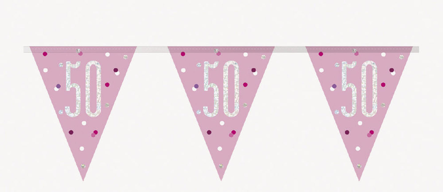 Bling Birthday Flag Bunting For A 50th Birthday In Pink & Silver