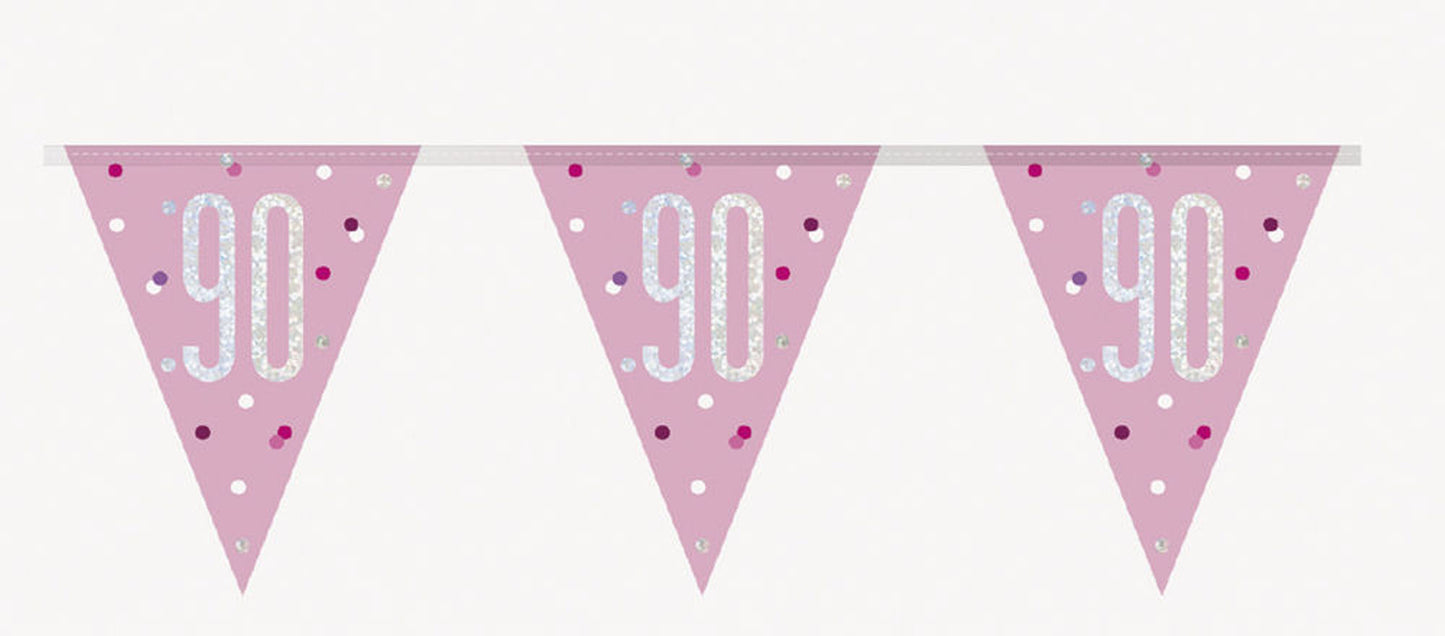 Bling Birthday Flag Bunting For A 90th Birthday In Pink & Silver