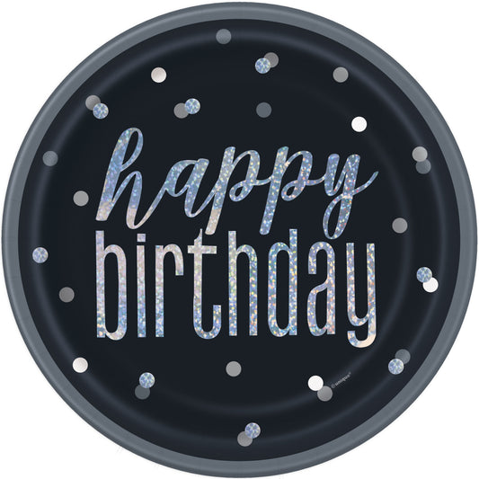 HAPPY BIRTHDAY Paper Plates In Black Printed With Sparkle Silver Text