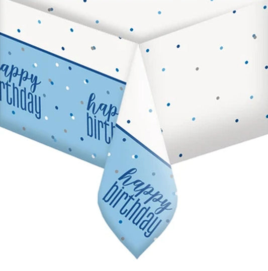 Cool Bling Plastic Happy Birthday Reusable / Recyclable Table Cover In Blue And White
