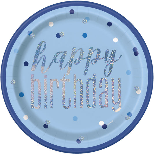 HAPPY BIRTHDAY Paper Plates In BLUE Printed With Sparkle Silver Text