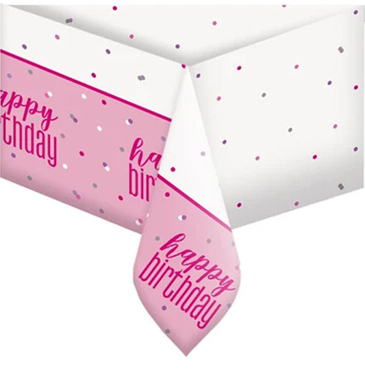Cool Bling Plastic Happy Birthday Reusable / Recyclable Table Cover In Pink And White