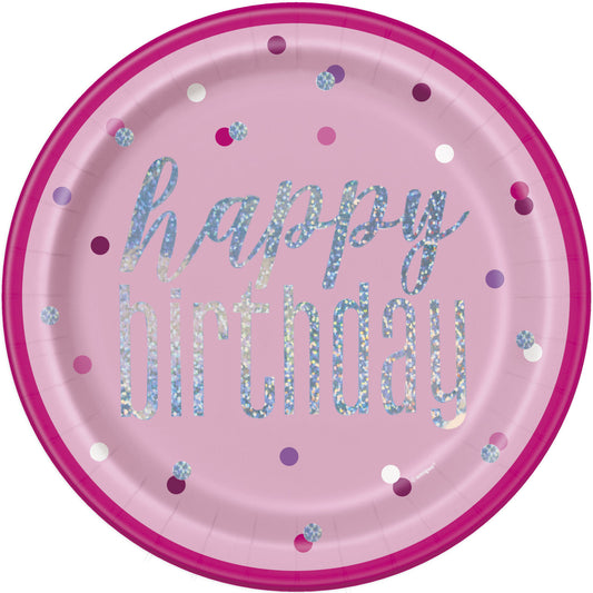 HAPPY BIRTHDAY Paper Plates In PINK Printed With Sparkle Silver Text