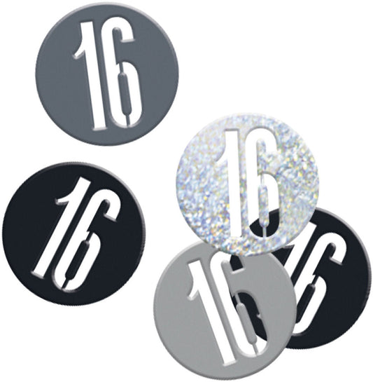 Black & Silver Bling 16th Birthday Disc Shaped Confetti For Tables, Etc.