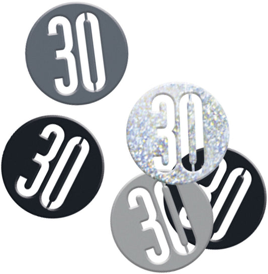 Black & Silver Bling 30th Birthday Disc Shaped Confetti For Tables, Etc.