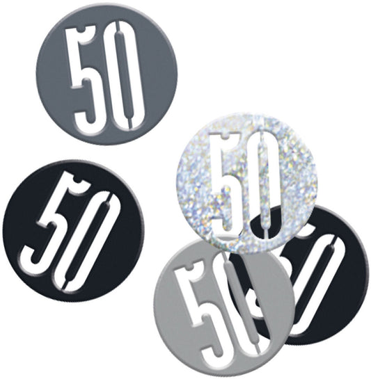 Black & Silver Bling 50th Birthday Disc Shaped Confetti For Tables, Etc.