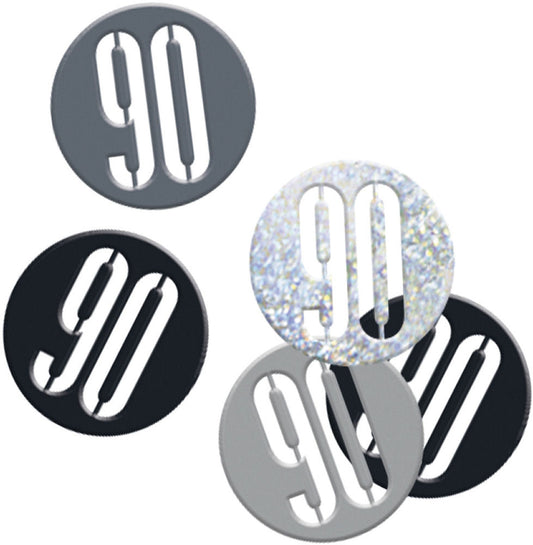 Black & Silver Bling 90th Birthday Disc Shaped Confetti For Tables, Etc.