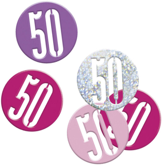 Pink & Silver Bling 50th Birthday Disc Shaped Confetti For Tables, Etc.