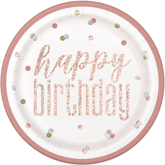 HAPPY BIRTHDAY Paper Plates Printed With Sparkle Rose Gold Text