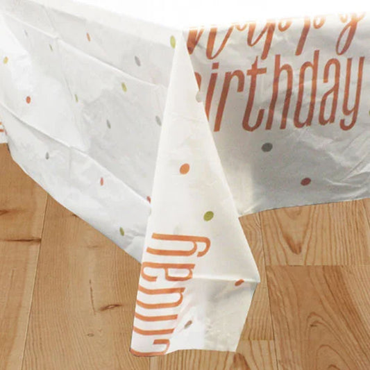 Cool Bling Plastic Happy Birthday Reusable / Recyclable Table Cover In Rose Gold And White