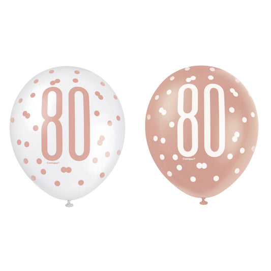 RECYCLABLE Rose Gold 80th Birthday Latex Balloons.